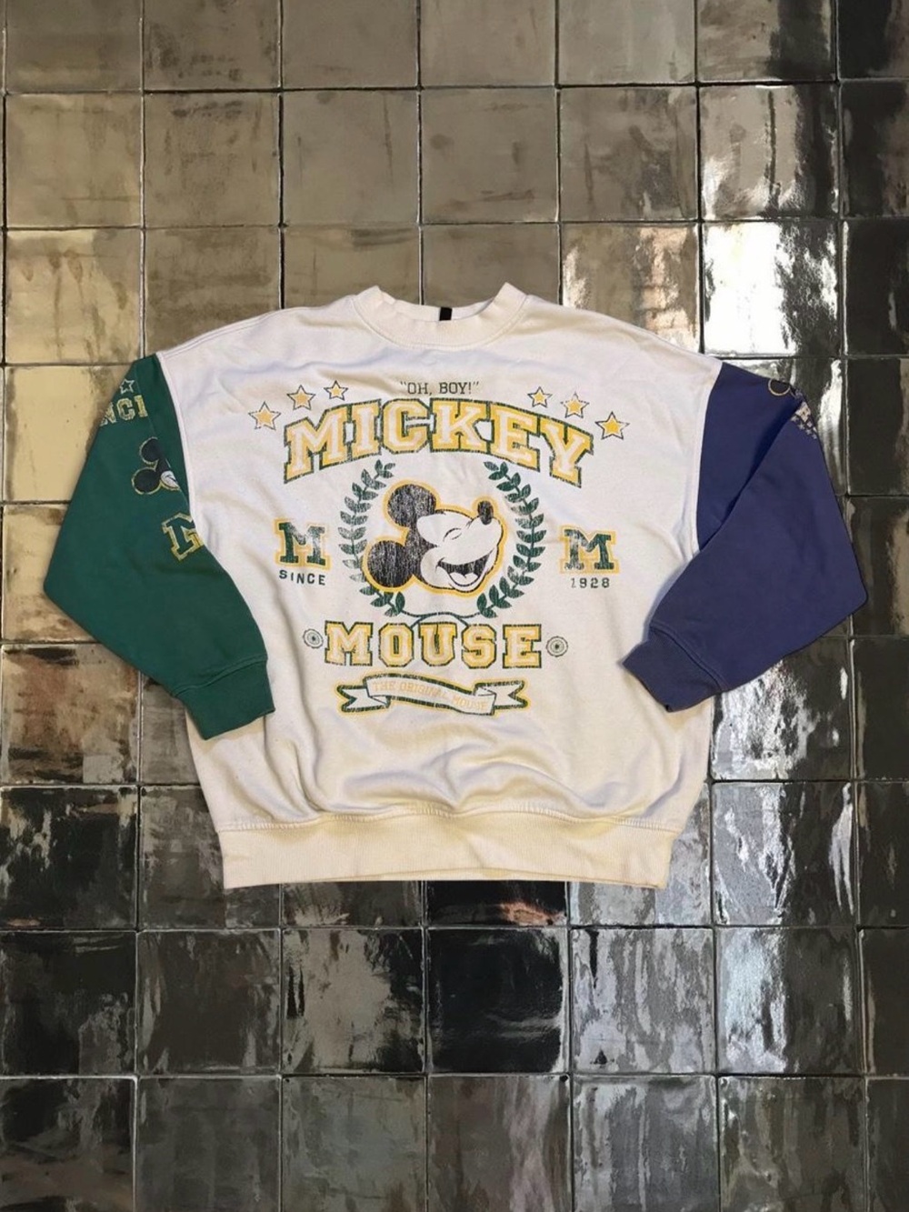 H&M Mickey Mouse Colorblock Crewneck - White/Green/Blue